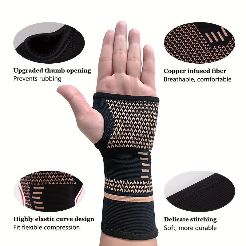 2pcs Copper Elastic Wrist Compression Sleeves, Wrist Support Sleeves, Copper Infused Wrist & Hand Compression Sleeve Brace, for Running Dance, Cycling, Basketball, Football, Workout, Fitness, Gym, Men & Women