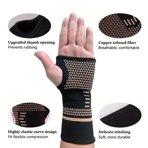 2pcs Copper Elastic Wrist Compression Sleeves, Wrist Support Sleeves, Copper Infused Wrist & Hand Compression Sleeve Brace, for Running Dance, Cycling, Basketball, Football, Workout, Fitness, Gym, Men & Women